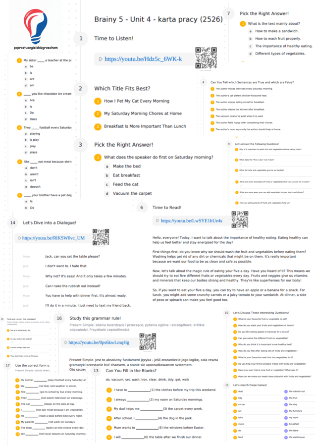 Brainy 5 – Unit 4 – karta pracy