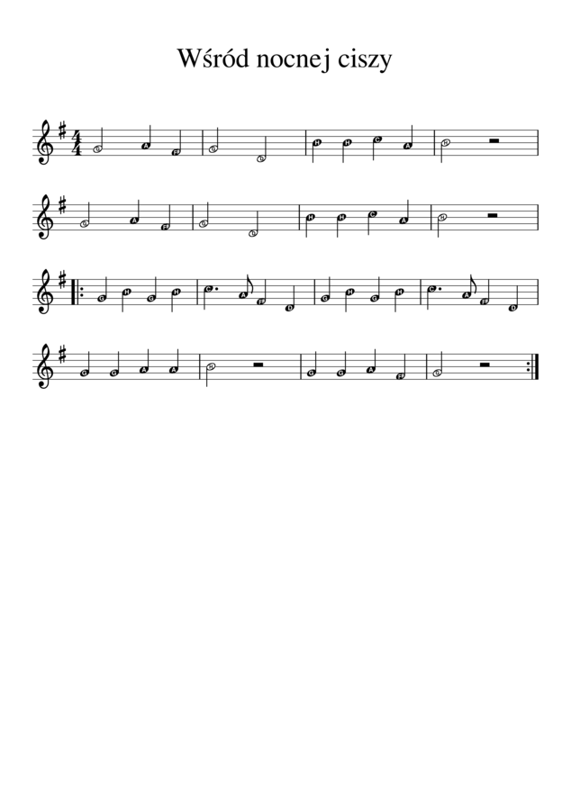 Kolęda Wśród nocnej ciszy. Duże nuty z literowymi nazwami dźwięków.