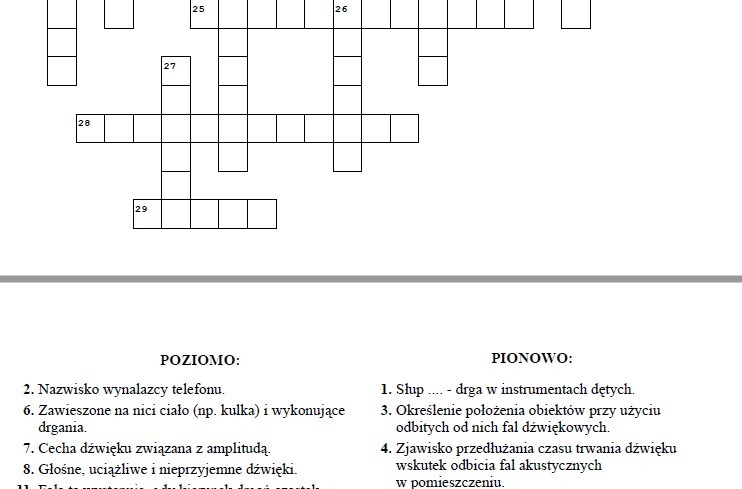 Drgania i fale - krzyżówka podsumowująca wiadomości.
