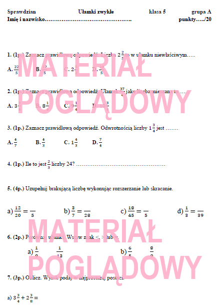Sprawdzian (karta pracy) klasa 5 ułamki zwykłe