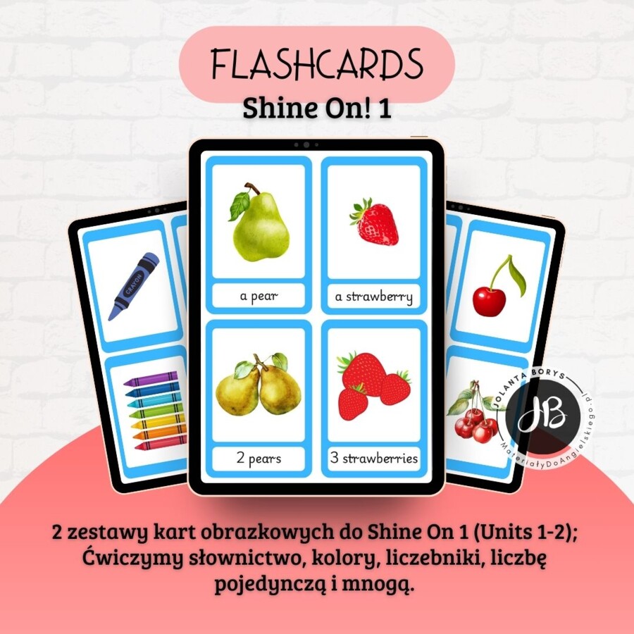 Flashcards do Shine On 1 - Karty obrazkowe PRZYBORY SZKOLNE/OWOCE/w liczbie pojedynczej i mnogiej/z podpisami i bez