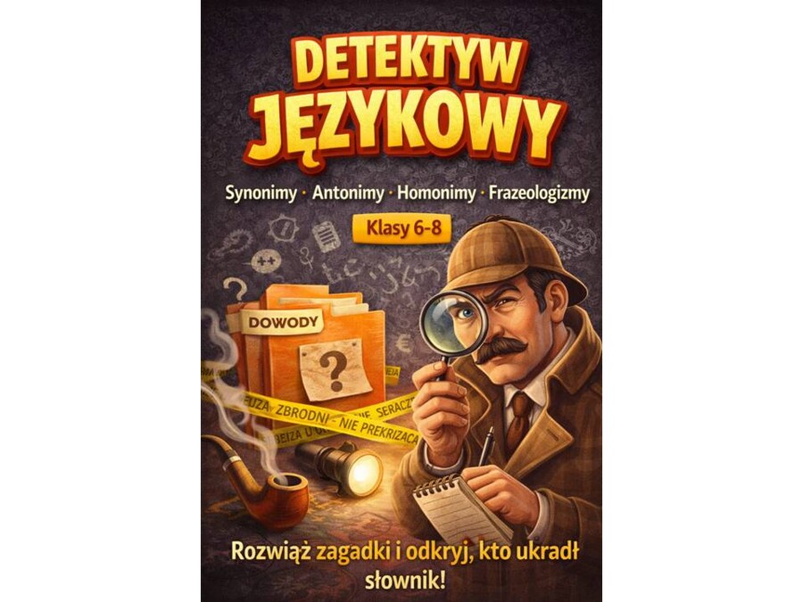 Karta pracy - DETEKTYW JĘZYKOWY -synonimy, antonimy, homonimy, frazeologizmy - teoria + klucz odpowiedzi - E8 - część serii