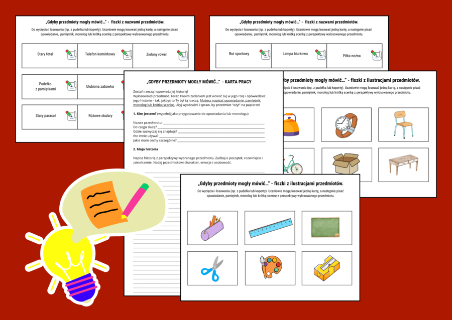 GDYBY PRZEDMIOTY MOGŁY MÓWIĆ… – zestaw do kreatywnego pisania – karta pracy – fiszki - opowiadanie - ĆWICZENIA REDAKCYJNE – opowiadanie