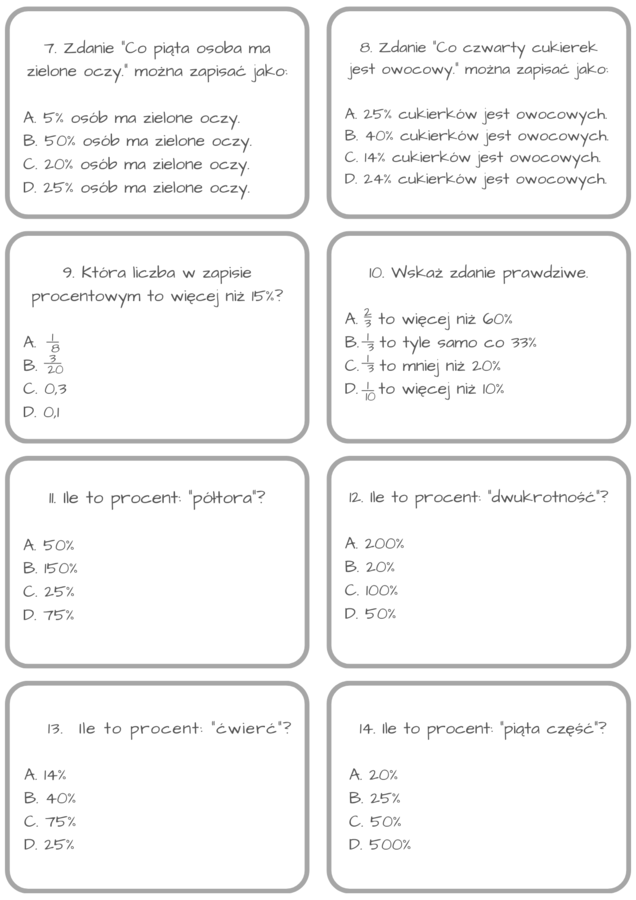 PAKIET quizy matematyczne - procenty, wyrażenia algebraiczne (algebra), ułamki dziesiętne