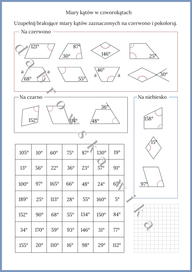 Miary kątów w czworokątach - kodowanka