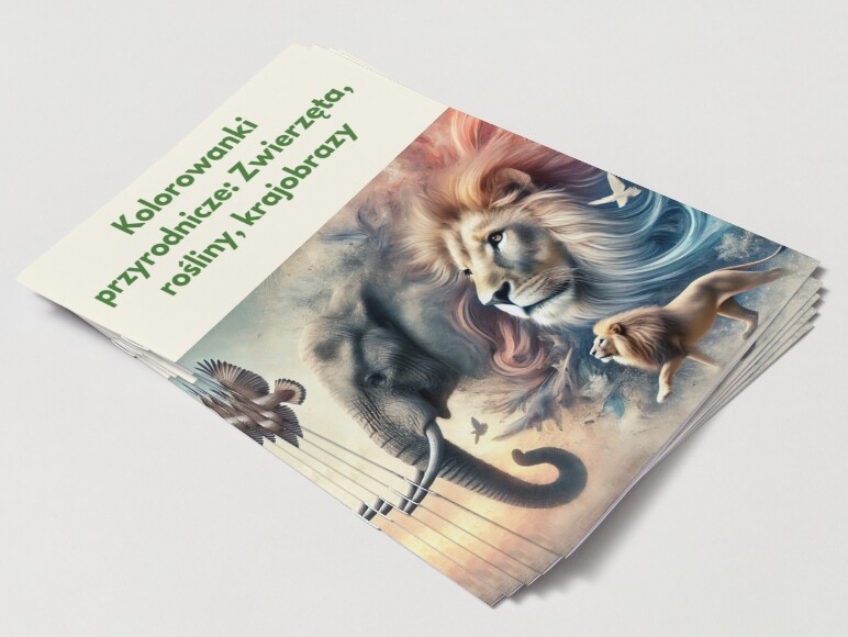 Karty do kolorowania z motywami przyrodniczymi (zwierzęta, rośliny, krajobrazy).