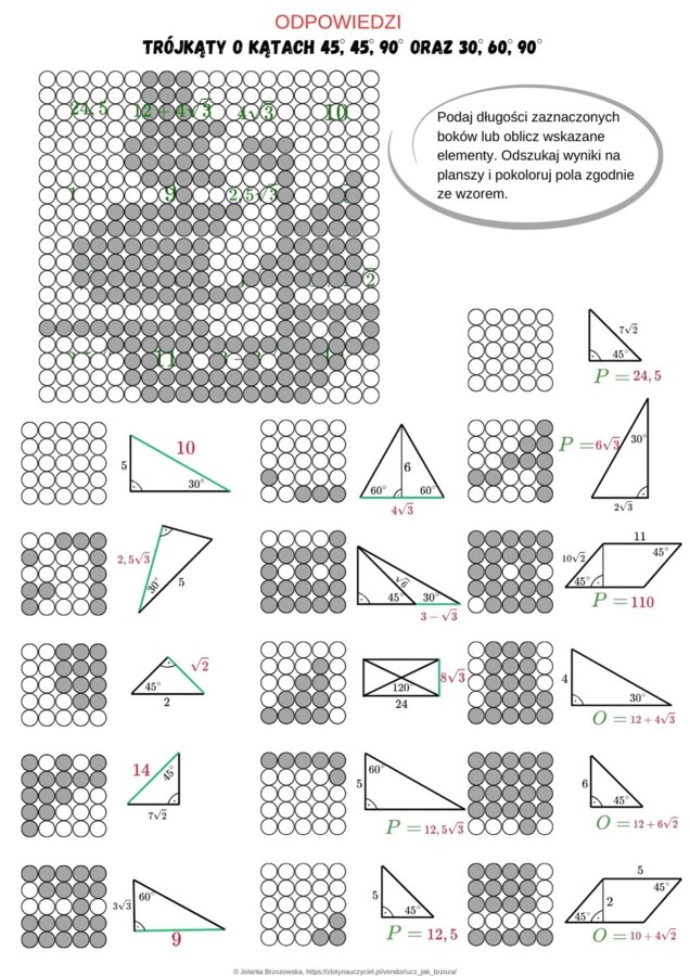 Trójkąty 45,45,90 oraz 30,60,90, karta pracy, kodowanie, edukacja domowa, klasa7 i 8