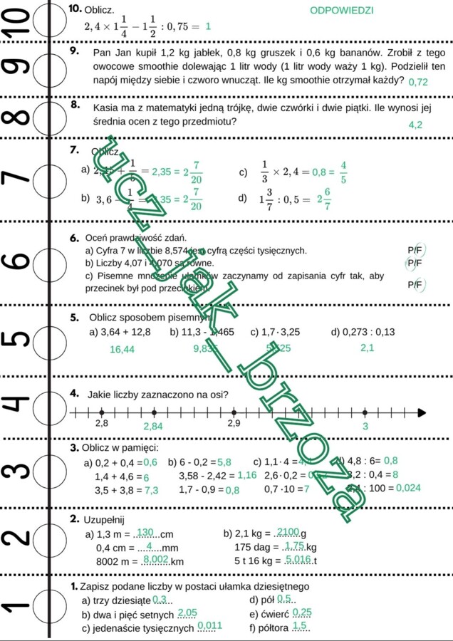 Ułamki dziesiętne, klasa 5, powtórzenie, sztafeta zadaniowa, praca w grupach