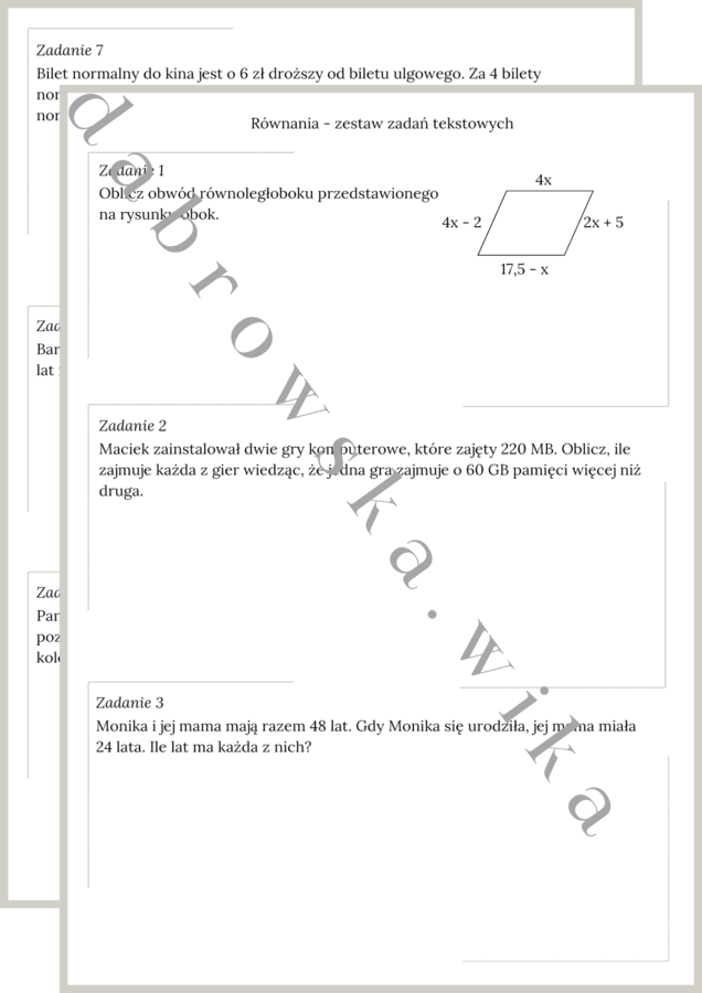 Równania - zestaw zadań tekstowych