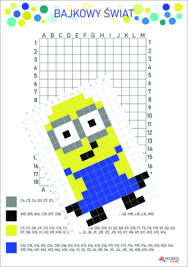Odkoduj postacie z bajek, Peppa, Minionki, Olaf, Myszka Miki, Snoopy, kodowanie, kodowanka, dyktando graficzne