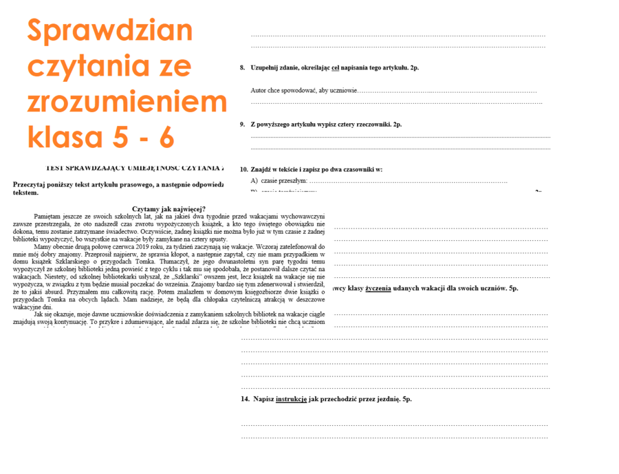 Czytanie ze zrozumieniem - język polski - klasa 5-6