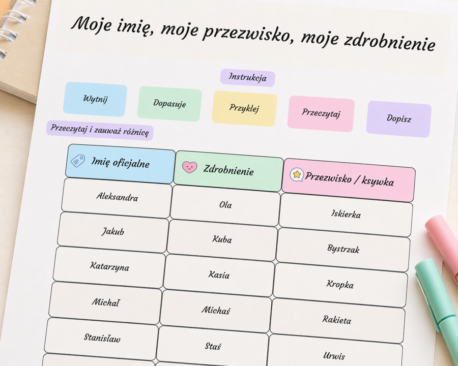 Moje imię, moje przezwisko, moje zdrobnienie – karta sortowania