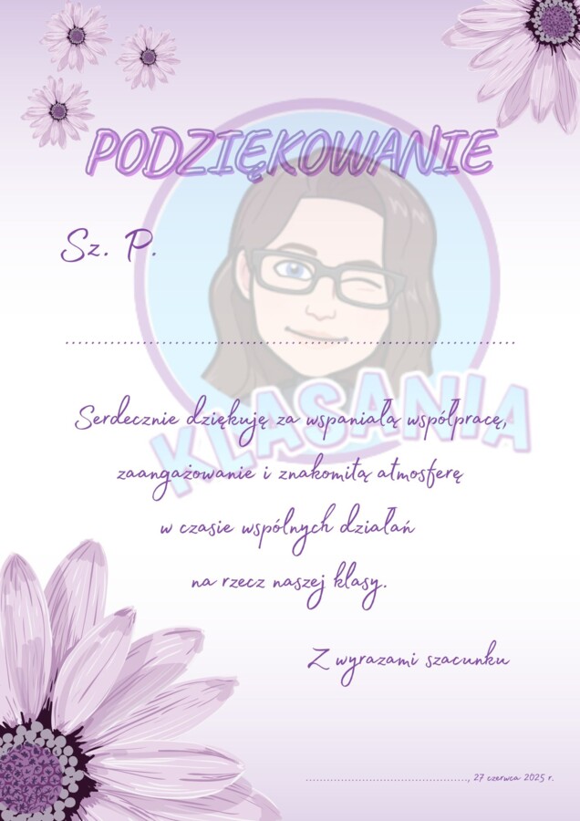 Podziękowanie na koniec roku szkolnego