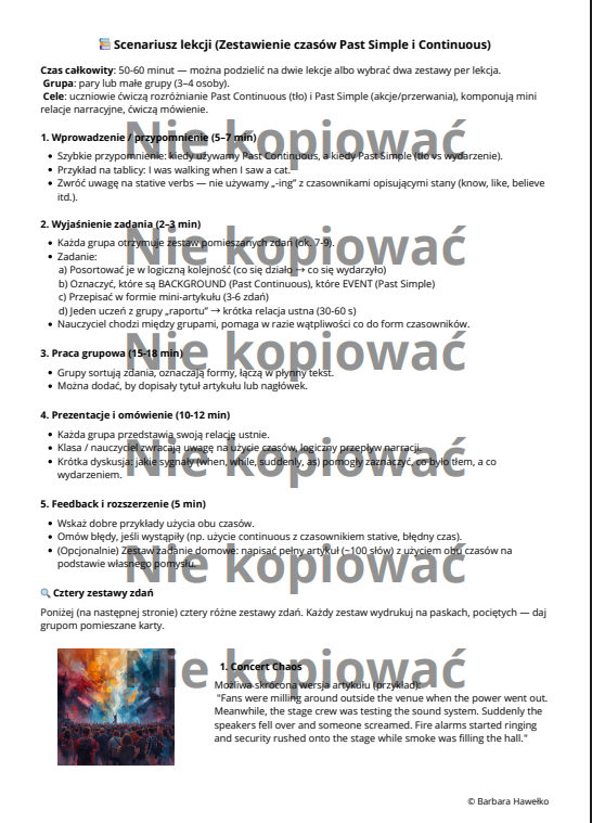 Scenariusz lekcji z ćwiczeniami do druku Past Simple v. Continuous B1