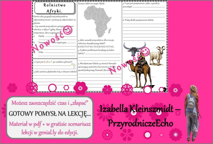 Pomysł na lekcję/karta pracy/stacje zadaniowe/notatki/ materiał do lekcji do tematu „Rolnictwo Afryki.” w pdf. W gratisie niekomercyjny scenariusz lekcji/pomysł na lekcję w programie genial.ly do edycji. Geografia 8. Dział „Afryka”.