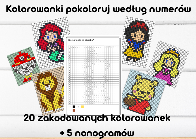 Zakodowane Postacie z Bajek - Kolorowanie według kodu/numerów - ukryte obrazki