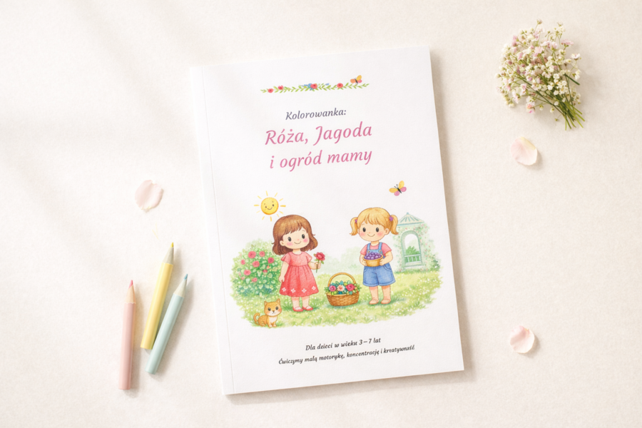 Kolorowanka: Róża, Jagoda i ogród mamy