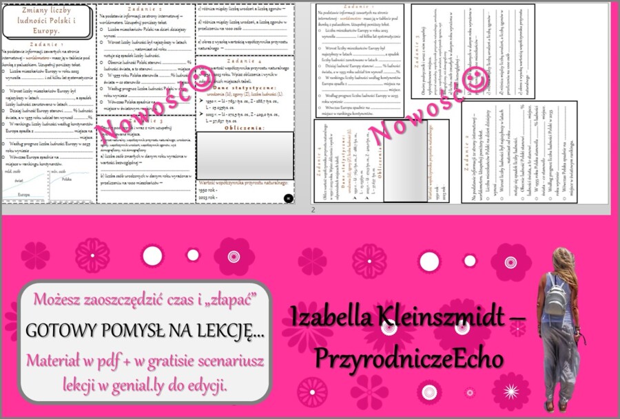 Karta pracy/stacje zadaniowe/ notatki/ materiał do lekcji do tematu „Zmiany liczby ludności Polski i Europy.” w pdf. W gratisie niekomercyjny scenariusz lekcji/pomysł na lekcję w programie genial.ly do edycji. Geografia 7. Dział „Ludność i urbanizacja”.