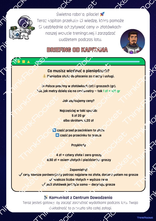 Jednostki monetarne, długości, masy | Klasy 4- 6 | 5 dni teorii i zadań w kosmicznej fabule misji ThinkRocket