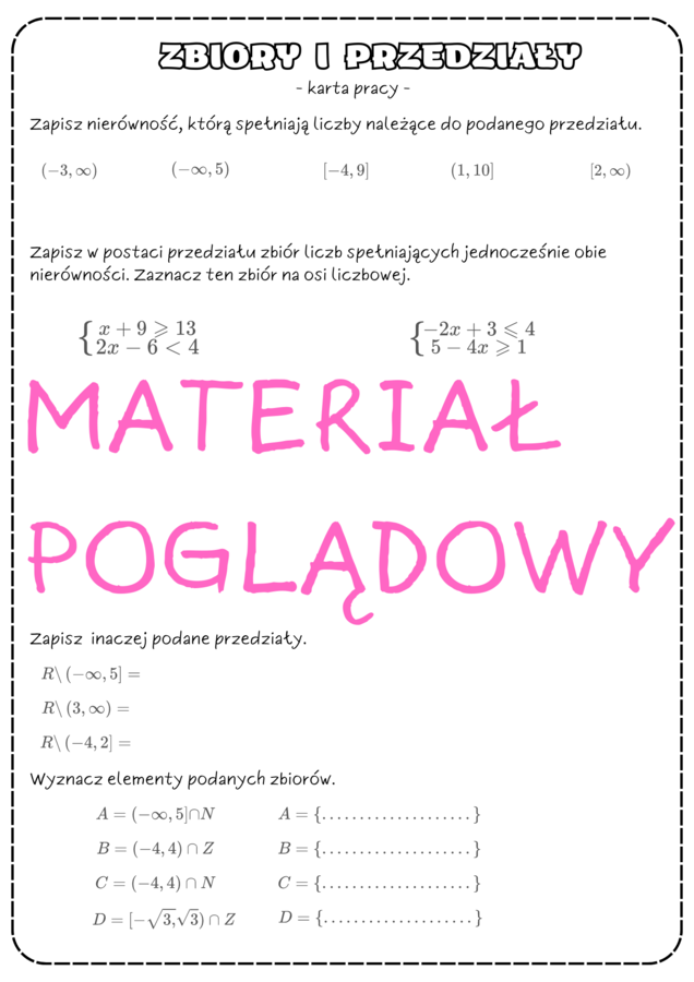 Zbiory liczbowe, przedziały - karta pracy. Klasa 1