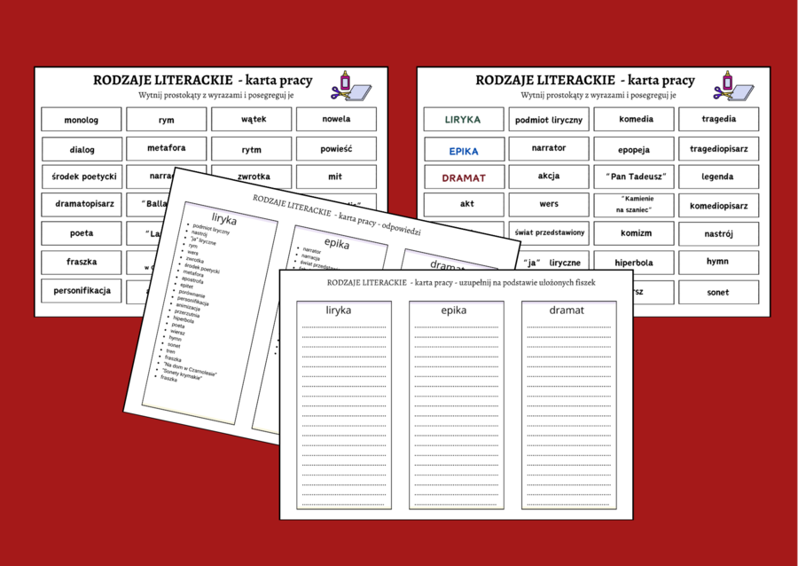 RODZAJE LITERACKIE - liryka - epika - dramat - klasy 7- 8 - karta pracy - fiszki - egzamin - powtórka + odpowiedzi