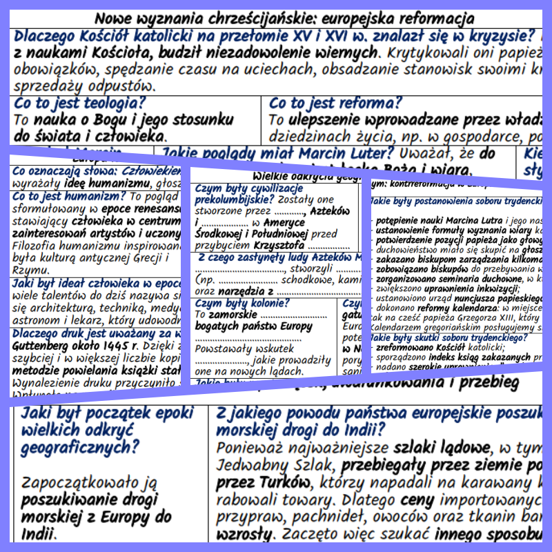 Wielkie odkrycia geograficzne. Renesans, reformacja i kontrreformacja w Europie XV i XVI w. – komplet notatek i kart pracy