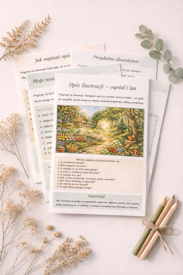 Opis ilustracji - ogród i las [Karta pracy]