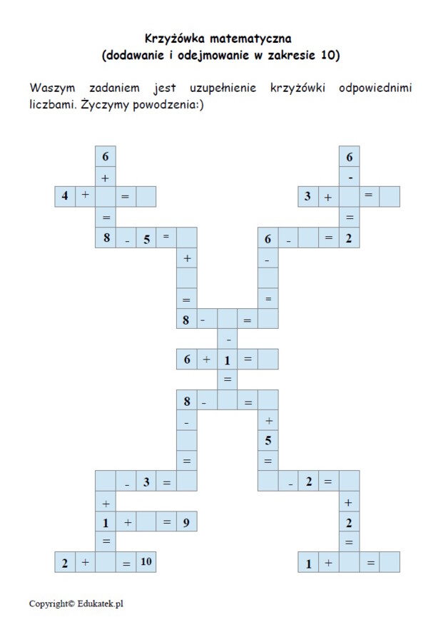 Matematyczne krzyżówki - doskonalenie dodawania i odejmowania