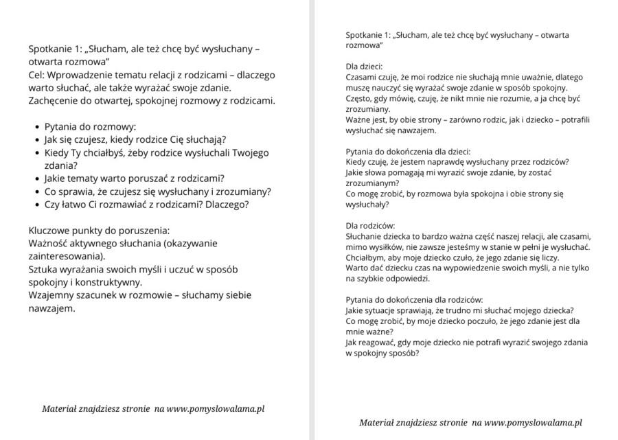 Cykl 12 zajęć nt. radzenia sobie z problemami w relacjach z rodzicami