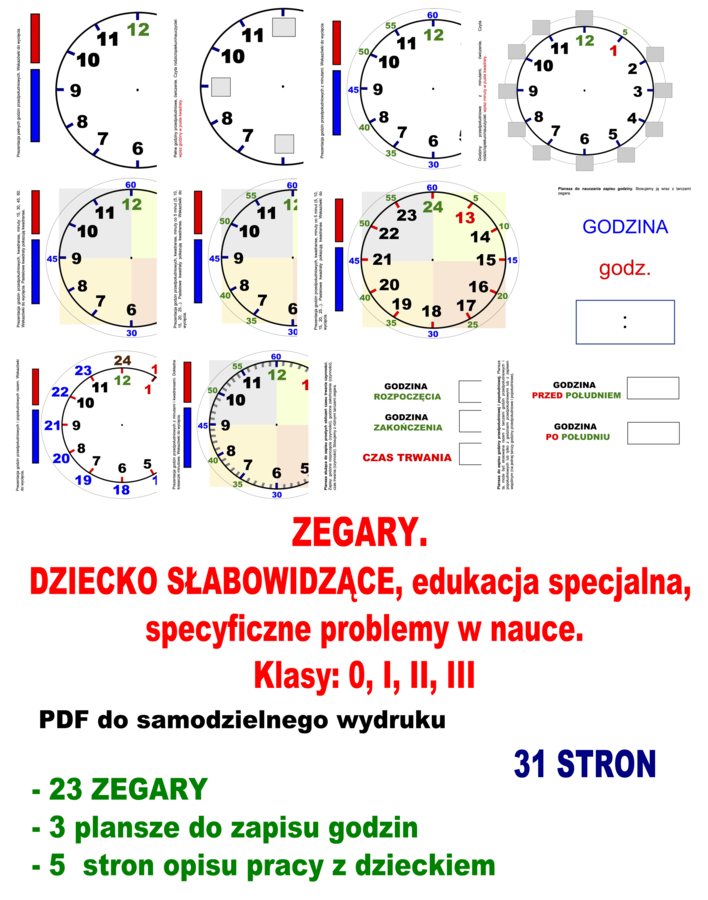 ZEGARY. DZIECKO SŁABOWIDZĄCE, edukacja specjalna, specyficzne problemy w nauce. Klasy: 0, I, II, III. PDF do samodzielnego wydruku.