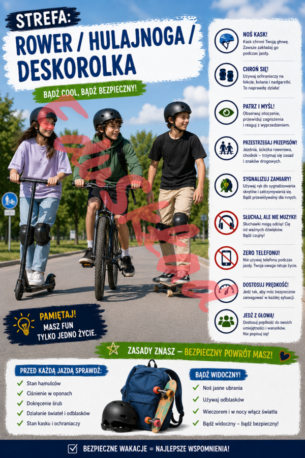 🌞 Bezpieczne Wakacje — nowoczesne plakaty edukacyjne na gazetkę szkolną 🌊🚴⛰️📱