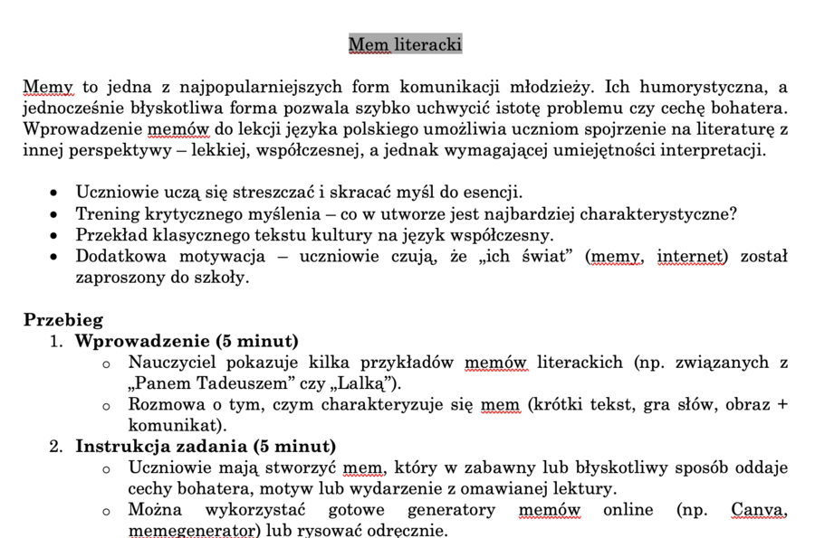 Mem literacki - scenariusz ćwiczenia + przykłady
