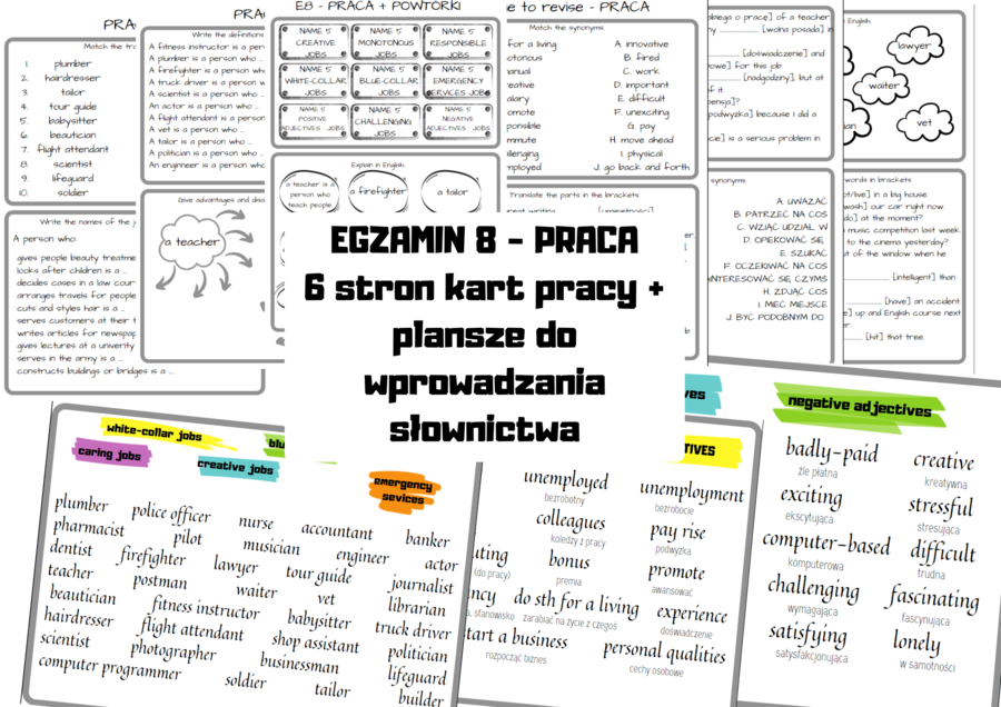 EGZAMIN 8 - praca (karty pracy + plansze ze słownictwem)