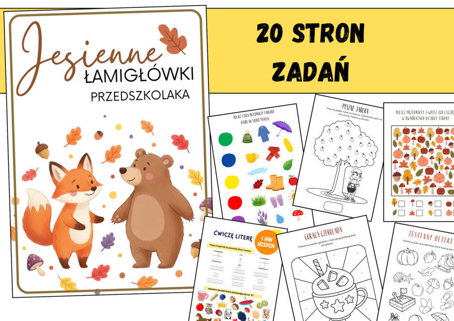 PROMOCJA! JESIENNE ŁAMIGŁÓWKI DLA UCZNIÓW PRZEDSZKOLA/JESIEŃ- 20 stron kreatywnych zadań+ dyplom, pomocy naukowych