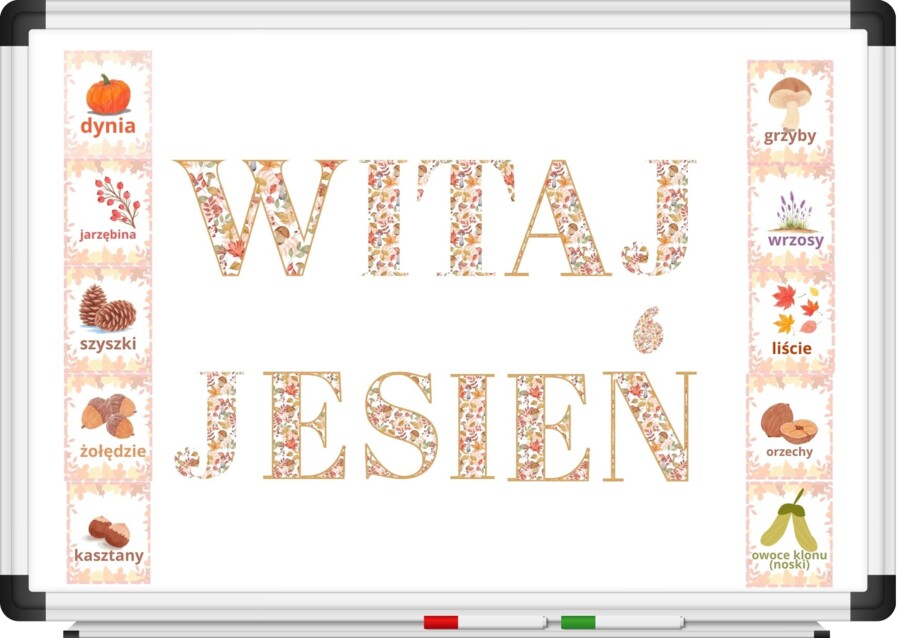 Witaj jesień - gazetka szkolna, literki oraz dary jesieni, szablon canva- wersja polska