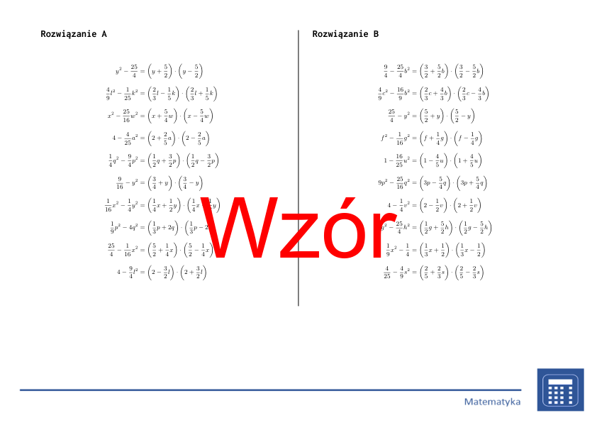 Wzór algebraiczny (A+B)(A-B), rozkład (ułamki) | matematyka, algebra | 26 kolumn