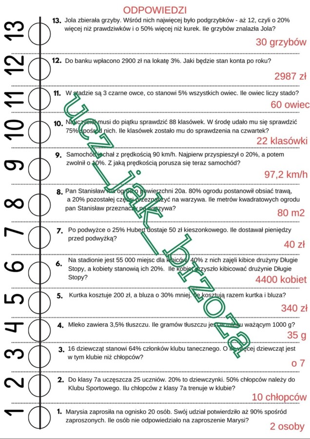 Procenty, zadania tekstowe, klasa 7, sztafeta zadaniowa