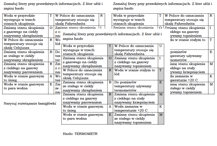 Łamigłówka dla klasy 4 na podsumowanie lekcji o stanach skupienia wody