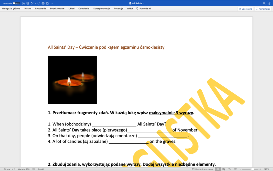 All Saints' Day - Wszystkich Świętych- ćwiczenia dla ósmoklasistów + słowniczek i klucz