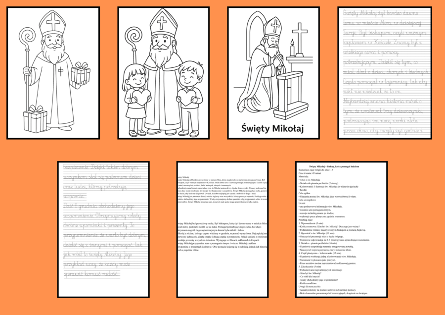 7 stron Święty Mikołaj – scenariusz zajęć + tekst + 3 kolorowanki + pisanie po śladzie (kl. 1–3)