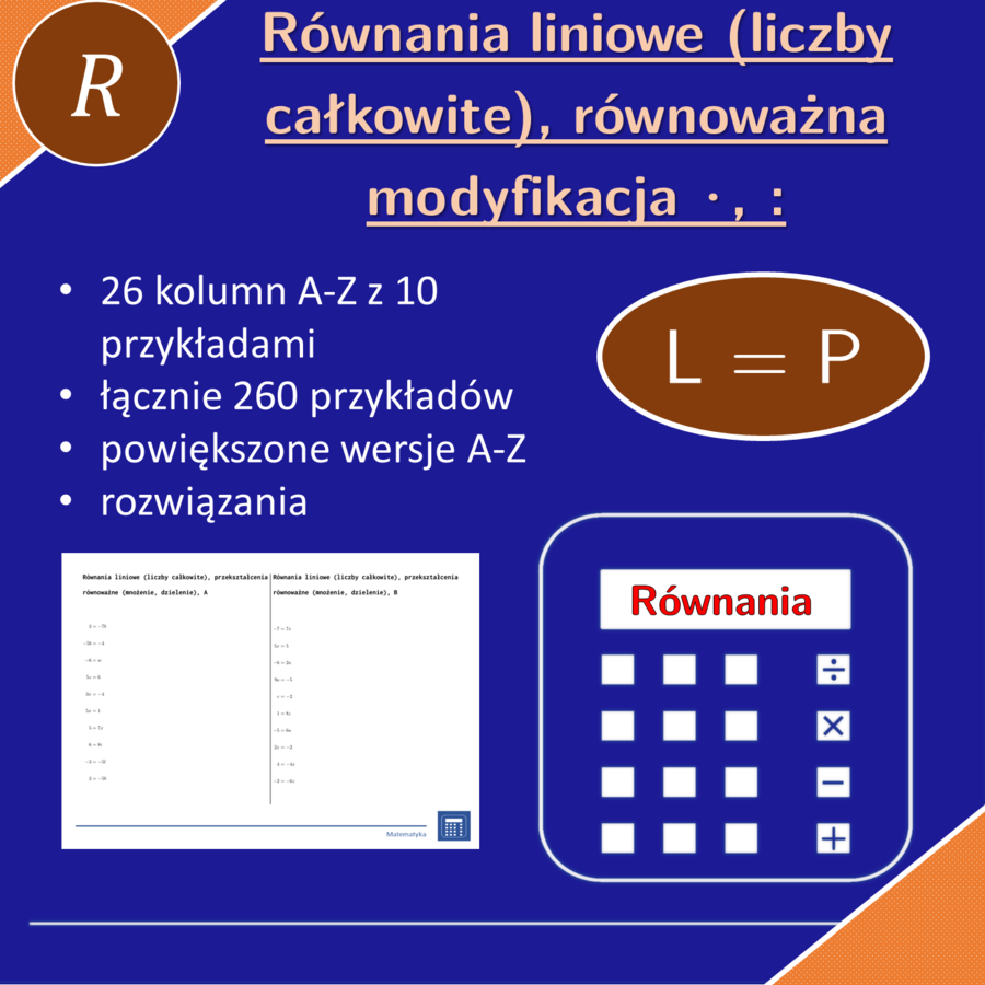 Równania liniowe (liczby całkowite), przekształcenia równoważne (mnożenie, dzielenie) | matematyka, algebra | 26 kolumn
