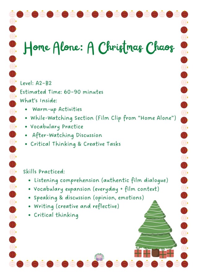 🎬 Home Alone: A Christmas Chaos – Vocabulary, Emotions & Family Fun (Materiał do nauki angielskiego na podstawie filmu „Kevin sam w domu”) – poziom A2–B2, 6 stron, Kevin sam w domu, święta, film po angielsku, słuchanie, mówienie, pisanie, słownictwo, emo