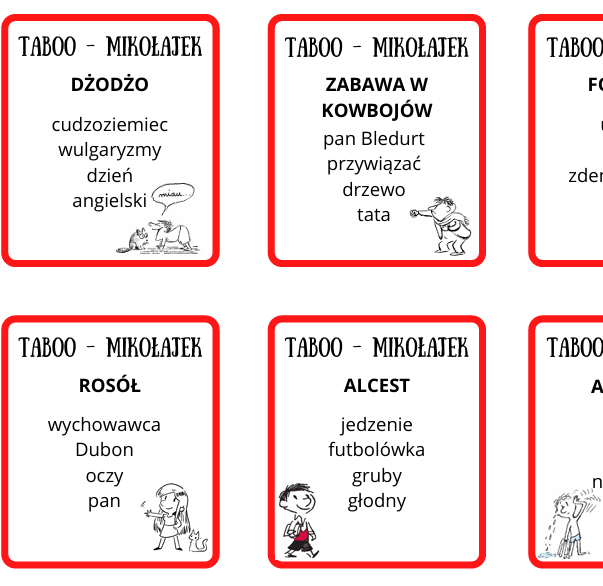 Mikołajek: gra taboo, tematy wypracowań i wykreślanka