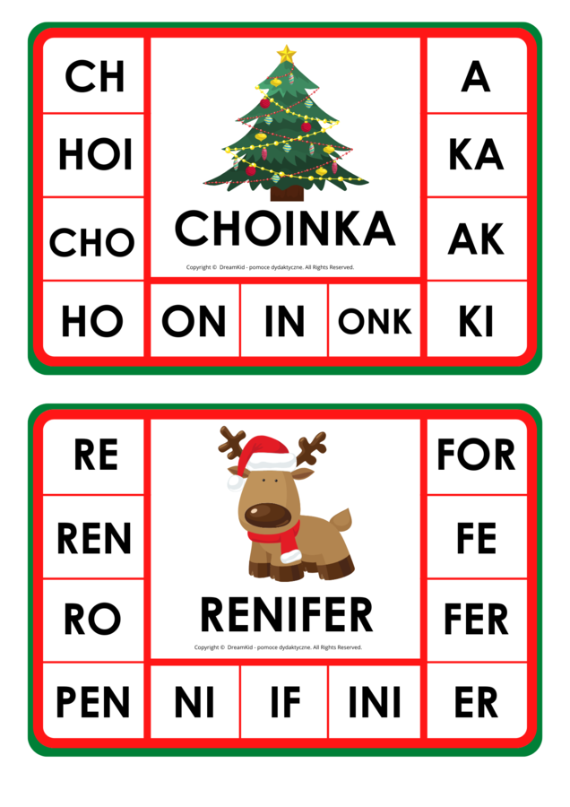 Klamerkowe pomoce - sylaby - Boże Narodzenie (litery drukowane)
