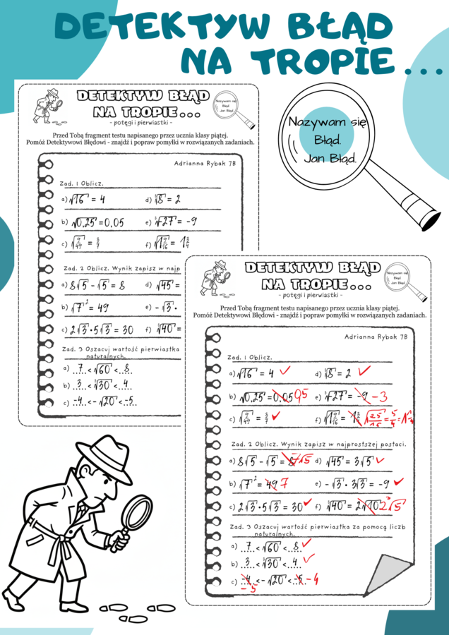 Detektyw Błąd na tropie. Pierwiastki. Karta pracy. Klasa 7. Klasa 8.