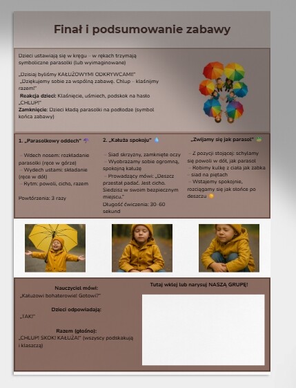 „Skaczące kałuże” – zabawa ruchowa z kartonowymi kałużami.