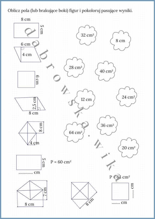 Pole prostokąta, kwadratu, równoległoboku i rombu - karta pracy