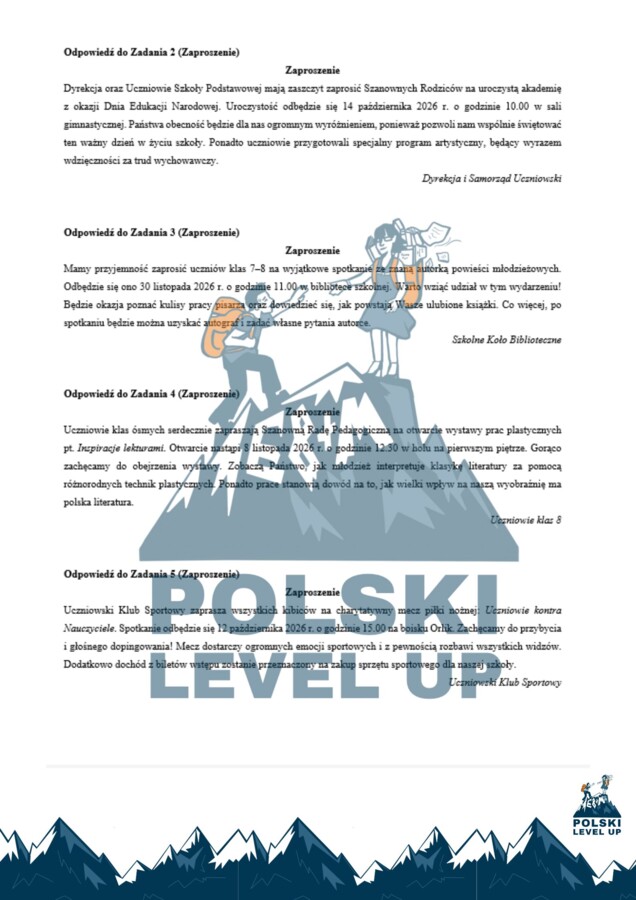 Zaproszenie i ogłoszenie_20 zadań+ proponowane odpowiedzi_Polski Level Up
