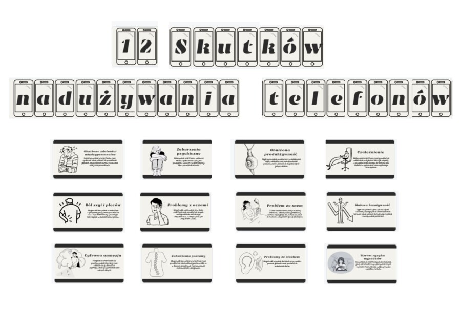 Gazetka szkolna na temat skutków nadużywania telefonów - 12 skutków nadużywania telefonów/ Gazetka szkolna na temat uzależnienia od telefonów