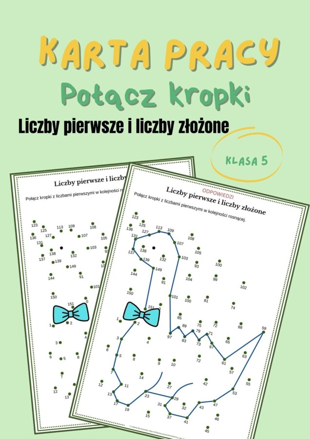 Liczby pierwsze i liczby złożone, połącz kropki, karta pracy, klasa 5